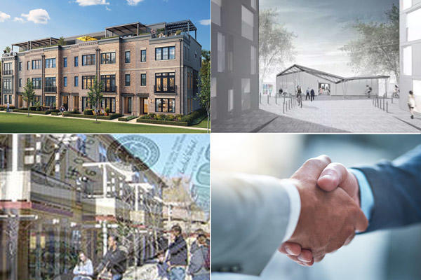 Clockwise from top left: Edge on Hudson, a new street is planned for New Rochelle, a two-office Stamford campus trades for $16.5M, Westchester multifamily properties selling “like hotcakes.”