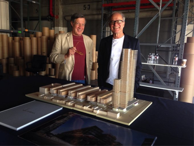 Dan Rosenfeld, left, a developer working with SunCal, and the architect Pierre de Neuron behind a model of the proposed 6AM development (photo: Frances Anderton).