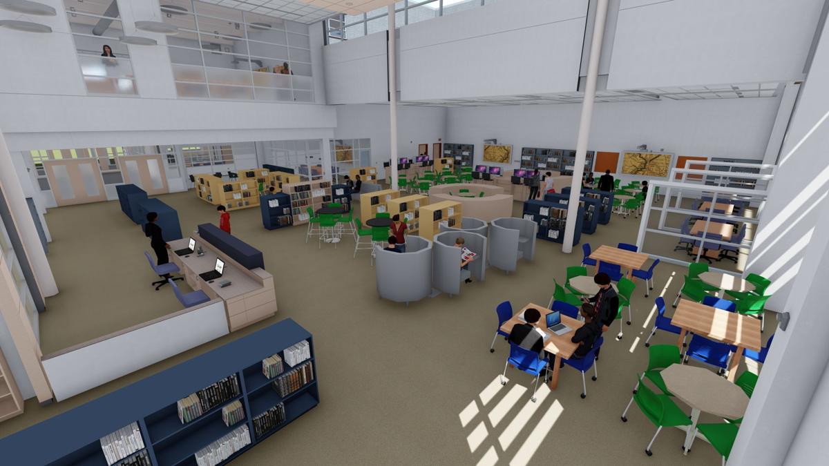 An artist’s rendering of the library and media center of the new middle school under construction at Potomac Shores.