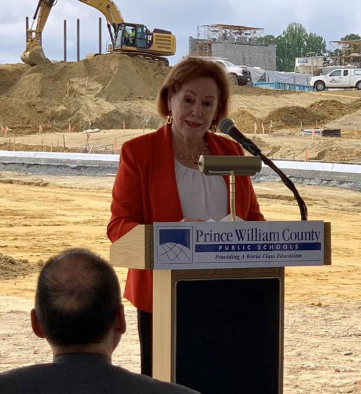 Supervisor Maureen Caddigan, R-Potomac, speaks during the May 9 ground-breaking ceremony for the new middle school at Potomac Shores.